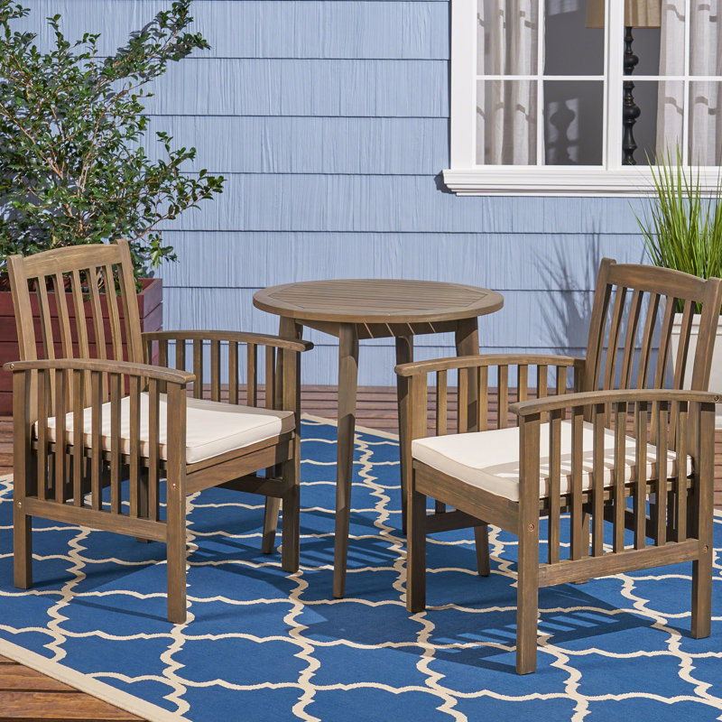 Anahat 2 - Person Acacia Wood Patio Dining Set with Round Table , Cushions Included, Cream