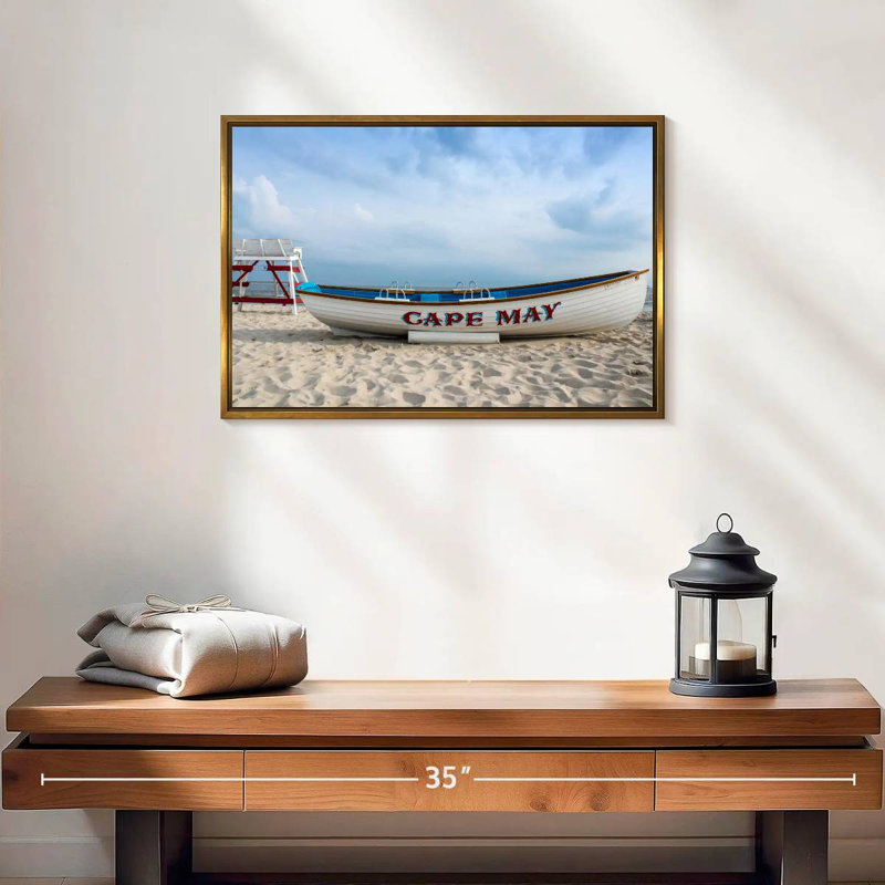Bateau au cap May, 19 po x 13 po, Cadre flottant doré