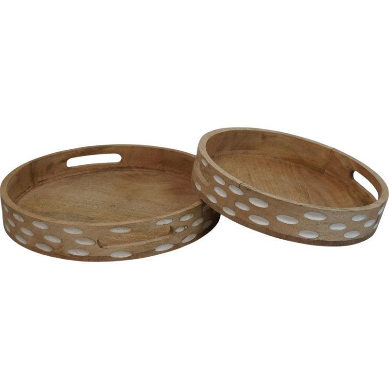 Set Of Two Natural Wood Round Trays 