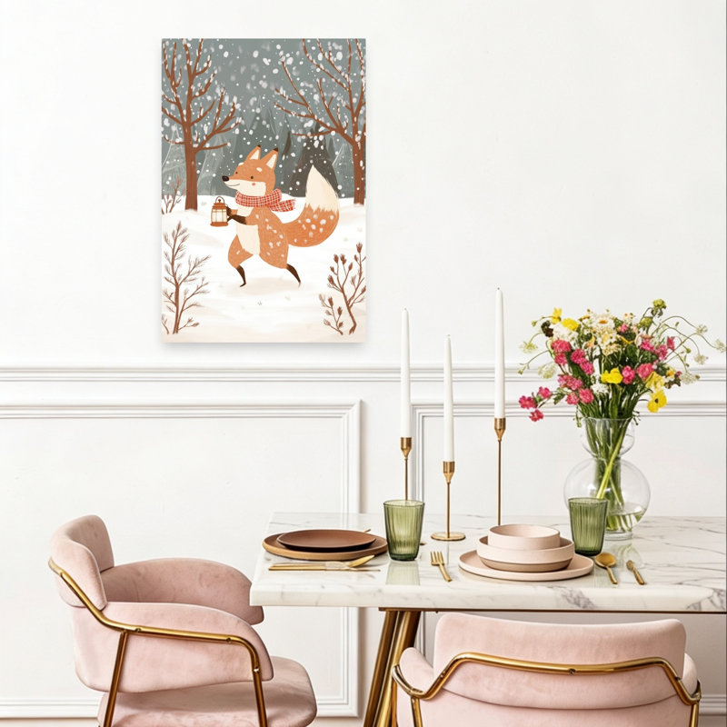 Winter Fox With Lantern Whimsical Abstract Contemporary Fox Forest Nature Wall Art Print by Mathieu - Wrapped Canvas Print