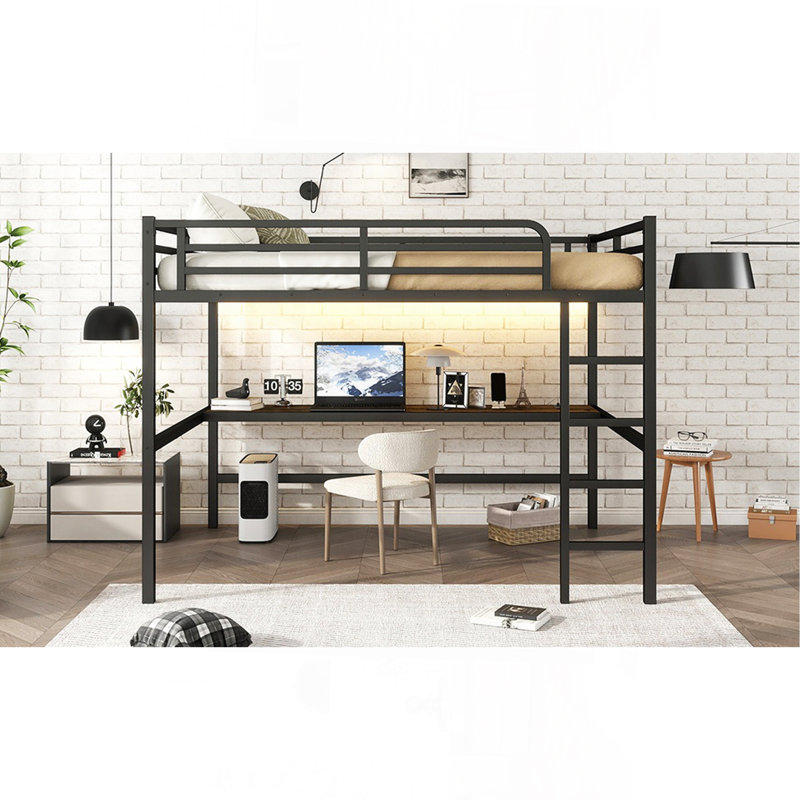 Grand lit mezzanine en métal avec prise de courant et éclairage DEL, peu encombrant, réduit le bruit, noir