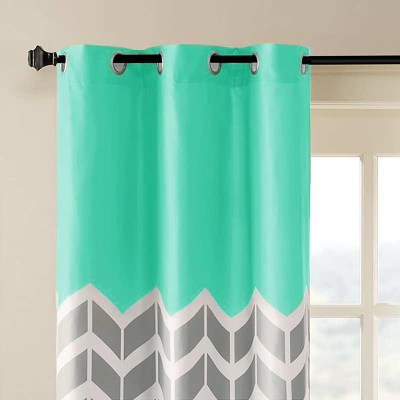 Aqua and Gray Chevron Room Darkening Polyester Grommet Curtains, 42" x 84"