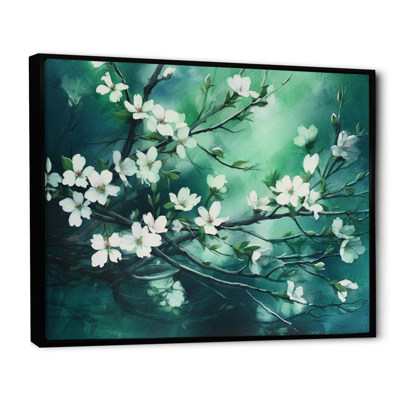 «Flower Whispers Teal Cherry Blossoms I», reproduction sur toile, H 12 po x l 20 po x P 1 po, Cadre flottant noir