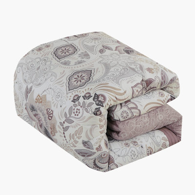 Blush & Neutral Paisley 7-Piece Embroidered Print Comforter Set, Microfiber Polyester Bedding With 1 Comforter, 2 Shams & 4 Decorative Pillows