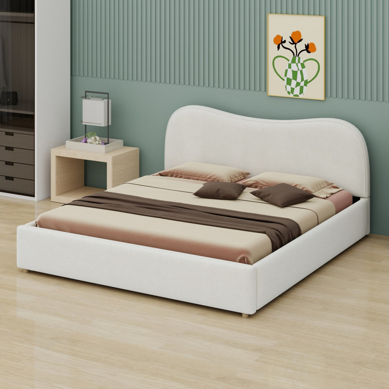 Lit plateforme tapissier avec lattes en bois, White, King