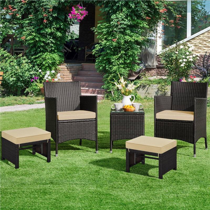 Repose-pieds en osier avec coussins amovibles Botond, Beige, Brun