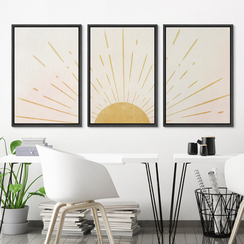 Modern Geometric Yellow Sun Canvas Wall Art Set with Black MDF Frame