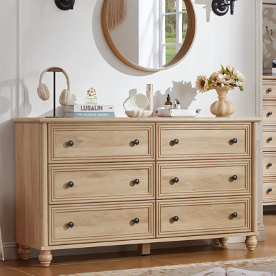 Commode 6 tiroirs pour chambre à coucher, commode en bois de ferme de 54 po de largeur, commode télé de style rétro, organisateur de rangement rustique avec placard à poignées en métal pour le salon, couloir