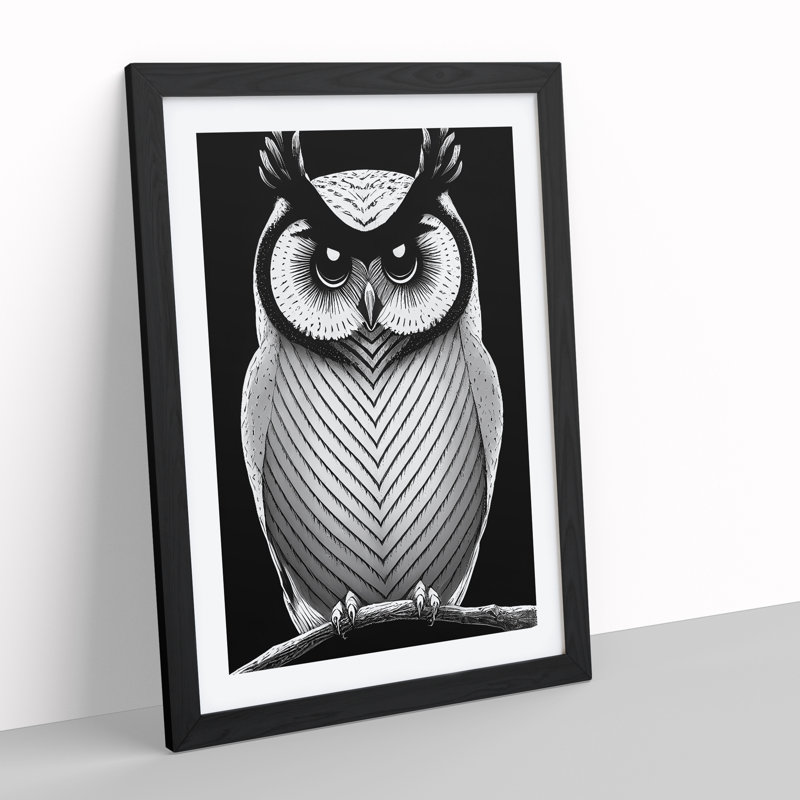 Owl in Monochrome - Framed Print, Black, 34cm H x 25cm W x 2cm D