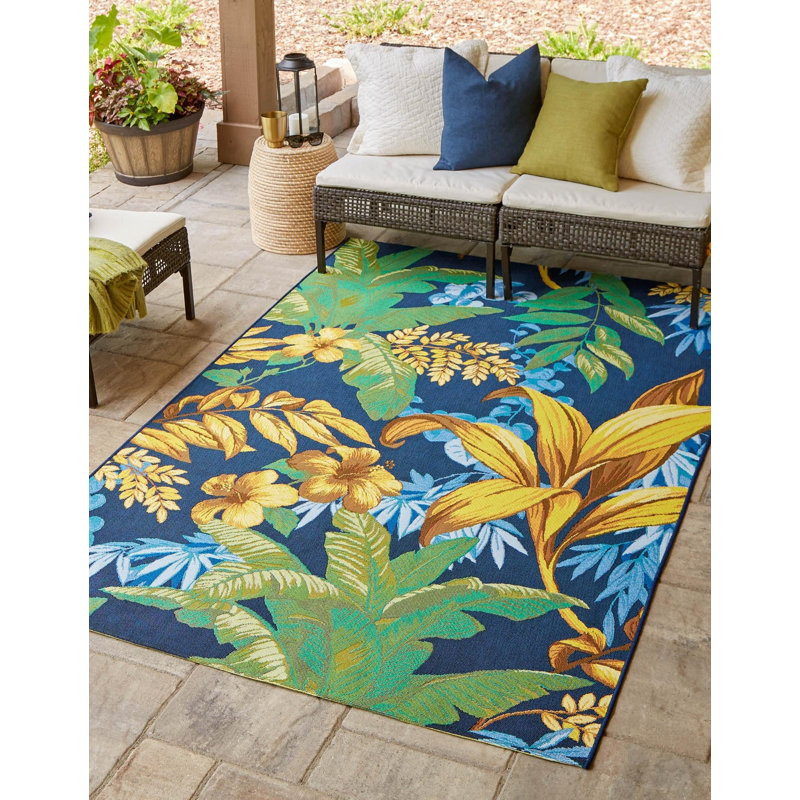 Tapis intérieur / extérieur à motif floral bleu / jaune Brett, Rectangle 6 pi 1 po x 9 pi