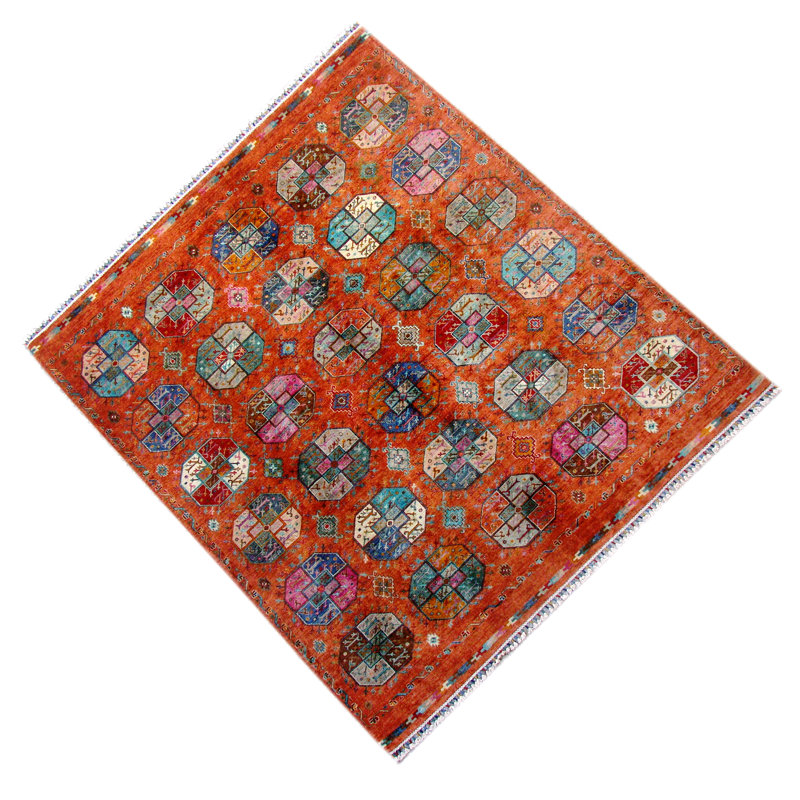 Tapis orange et rouge noué à la main de haute qualité
