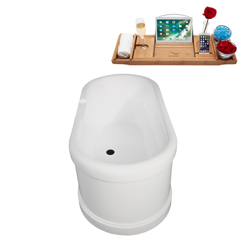 59" Streamline Soaking Freestanding Tub and Tray With Internal Drain, Matte Black