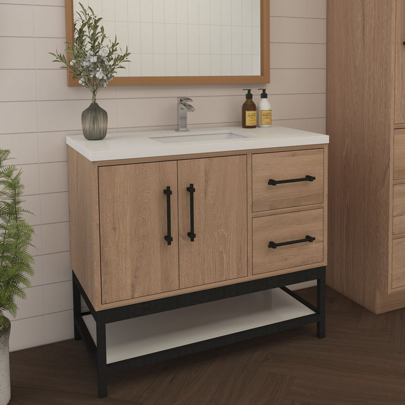 Meuble-lavabo mural droit avec évier et support en acrylique renforcé Victoria, Chêne rouge