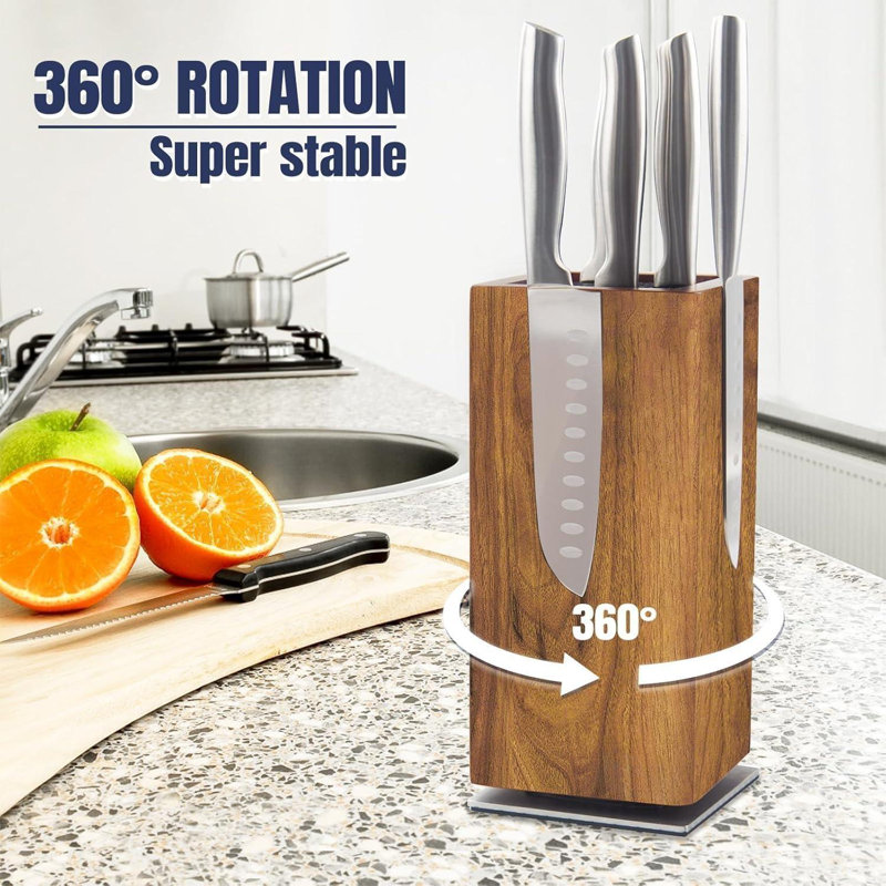 Magnetic Knife Block Without Knives, 360° Rotatable Magnet Knife Holder Stand Made Of Fine Acacia Wood, Extra Large Capacity Knife Storage For Knives And Utensils For Kitchen Counter Top