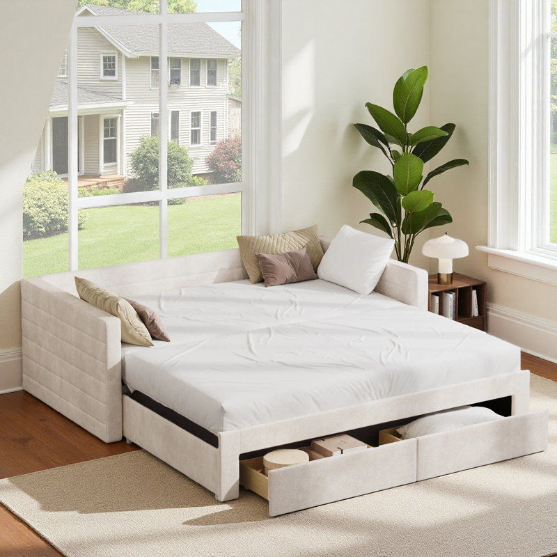 Upholstered Extendable Daybed With Trundle,Twin To Kingdesign Fabric Sofa Bed With Storage Drawers