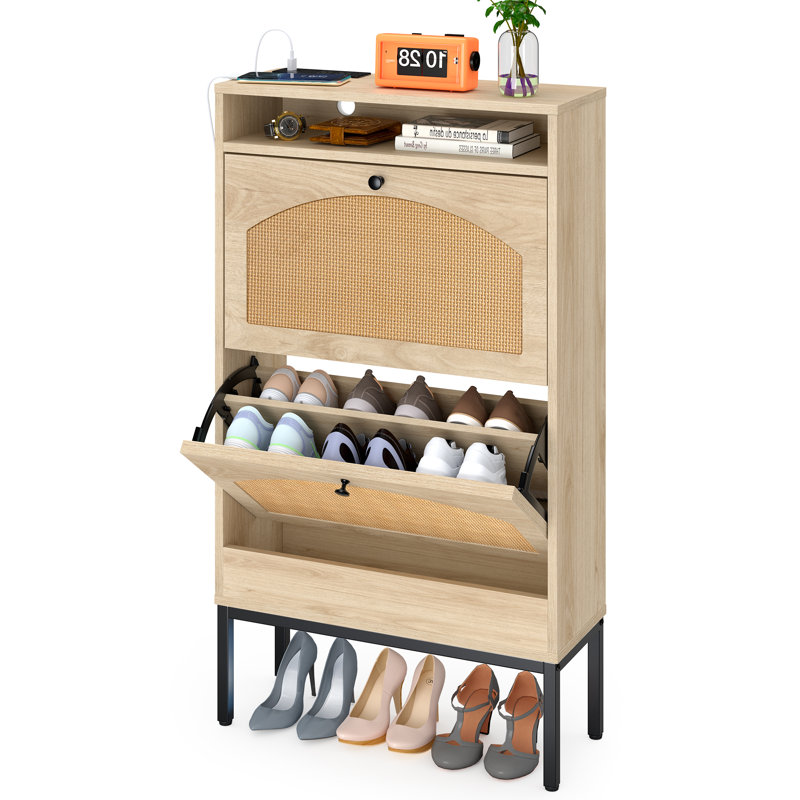 Shoe Storage Cabinet With Rattan Flip Doors