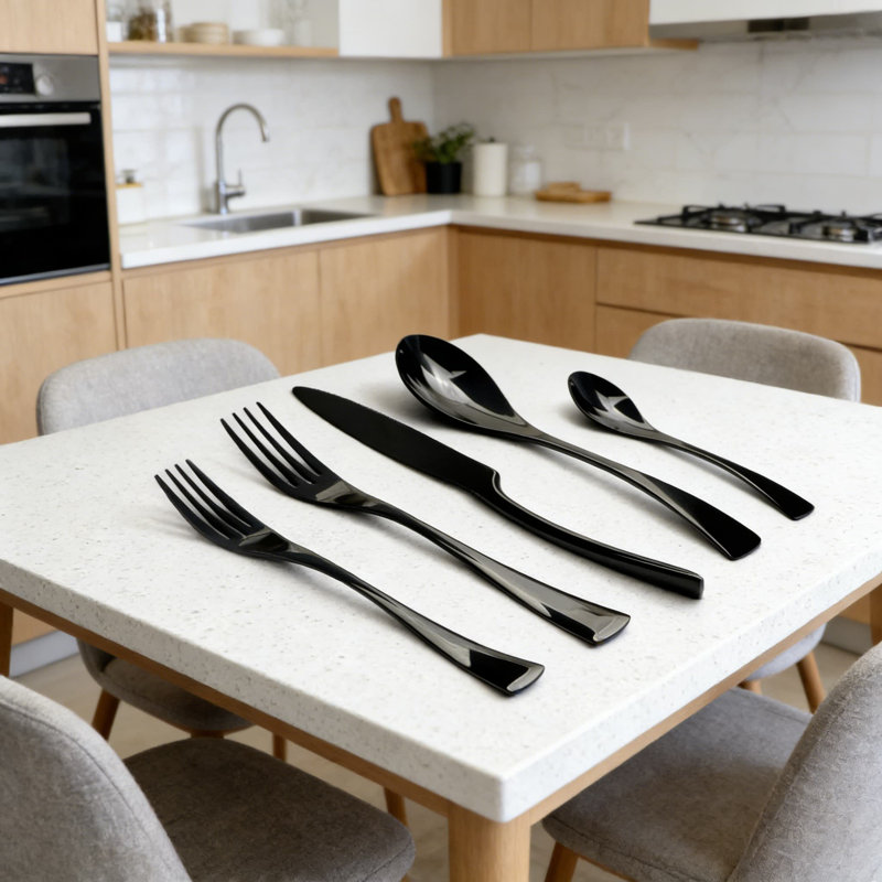 Ensemble de couverts 5 pièces en acier inoxydable avec polissage en miroir, fabrication de qualité supérieure 18/10 pour les repas quotidiens, comprenant un couteau de table, une cuillère, une fourchette, une fourchette à dessert et une cuillère à café