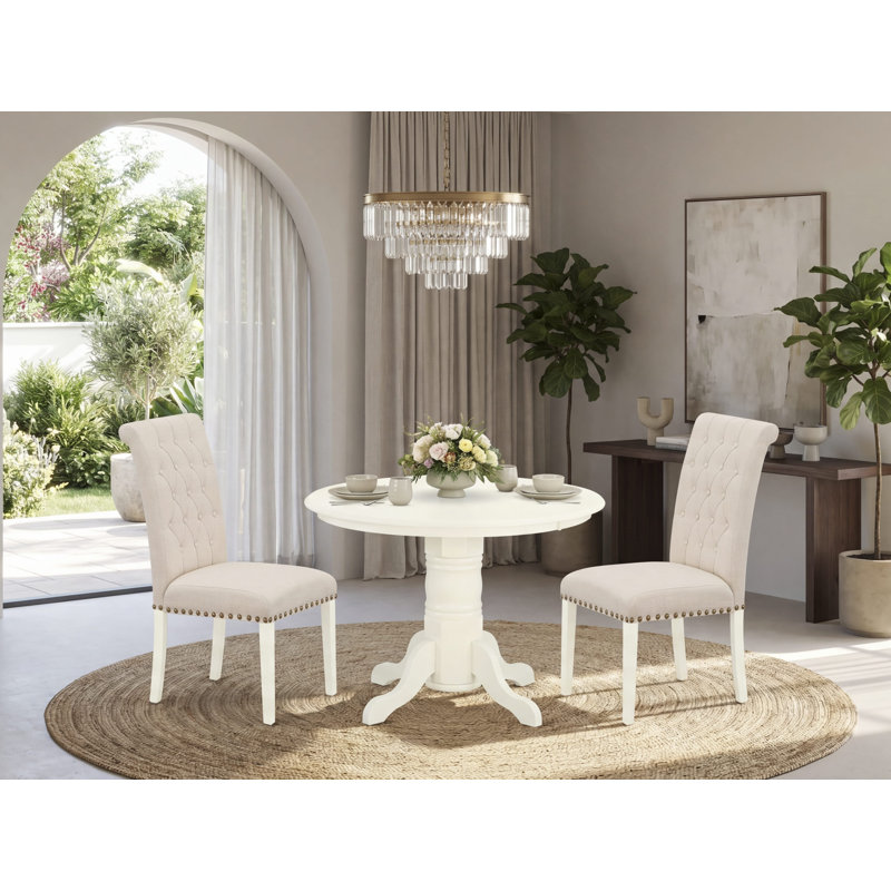 3 Piece Dining Room Table Set Contains a Round Kitchen Table with Pedestal and 2 Light Beige Linen Fabric Parson Dining Chairs, 42x42 Inch, Linen White