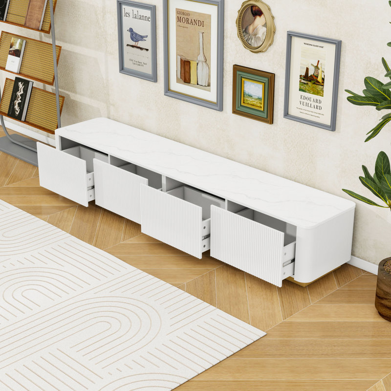 Modern Fluted TV Stand with 4 Drawers, Faux Marble Tabletop & Curved Design, White