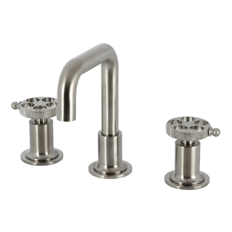 Kingston Brass Webb Two-Handle 3-Hole Deck Mount Widespread Bathroom Faucet with Knurled Handle and Push Pop-Up Drain
