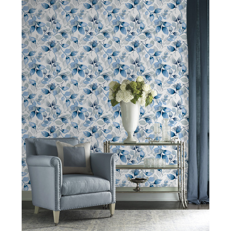 Watercolor Tossed Leaves Peel and Stick Luxe Haven Wallpaper, Blue Lagoon