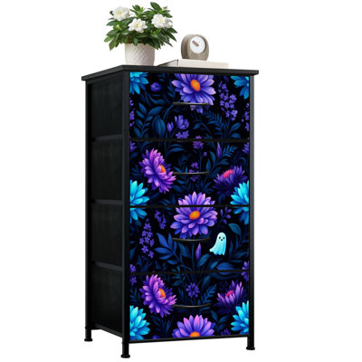 Commode pour la chambre à coucher avec 4 tiroirs de rangement Mignon fantôme floral forêt hantée Drôle de fantôme romantique romantique Commode sombre Commode en acier avec cadre en tissu pour chambre d'enfant