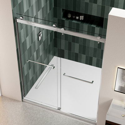Sliding Bypass Shower Door With Construction - 5/16" Tempered, Brushed Nickel In Finish Tempered Glass, Collision Feature, Bathroom
