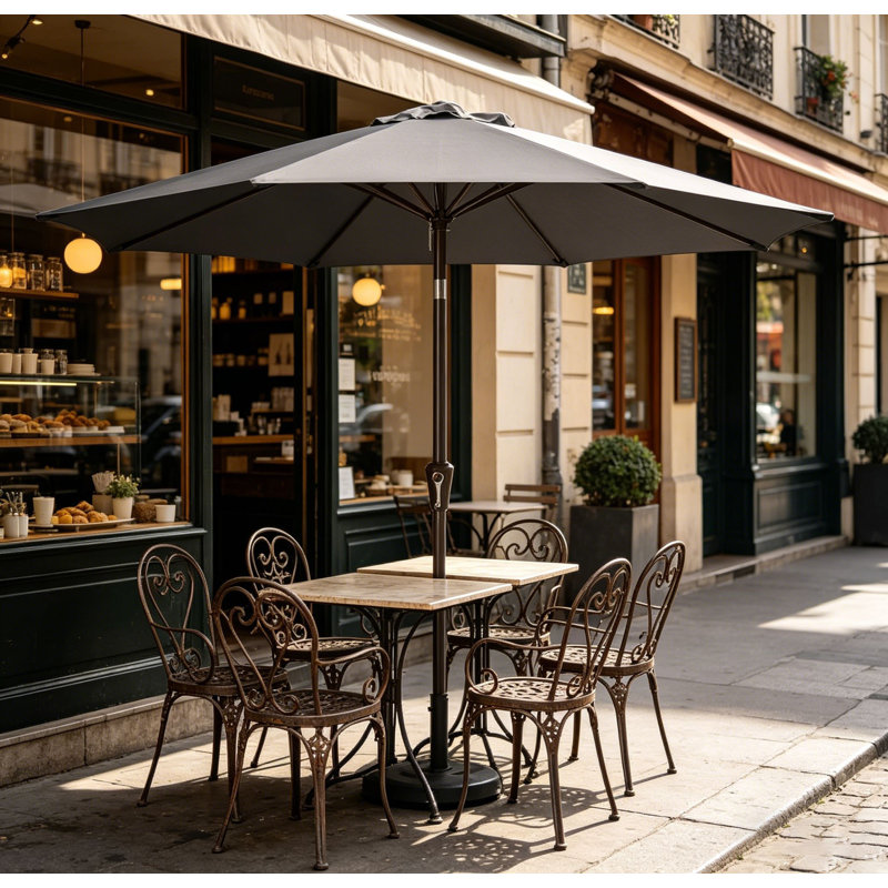 Parasol de marché pour terrasse 9 pi avec manivelle et inclinaison à bouton-poussoir, 8 nervures imperméables aux rayons UV