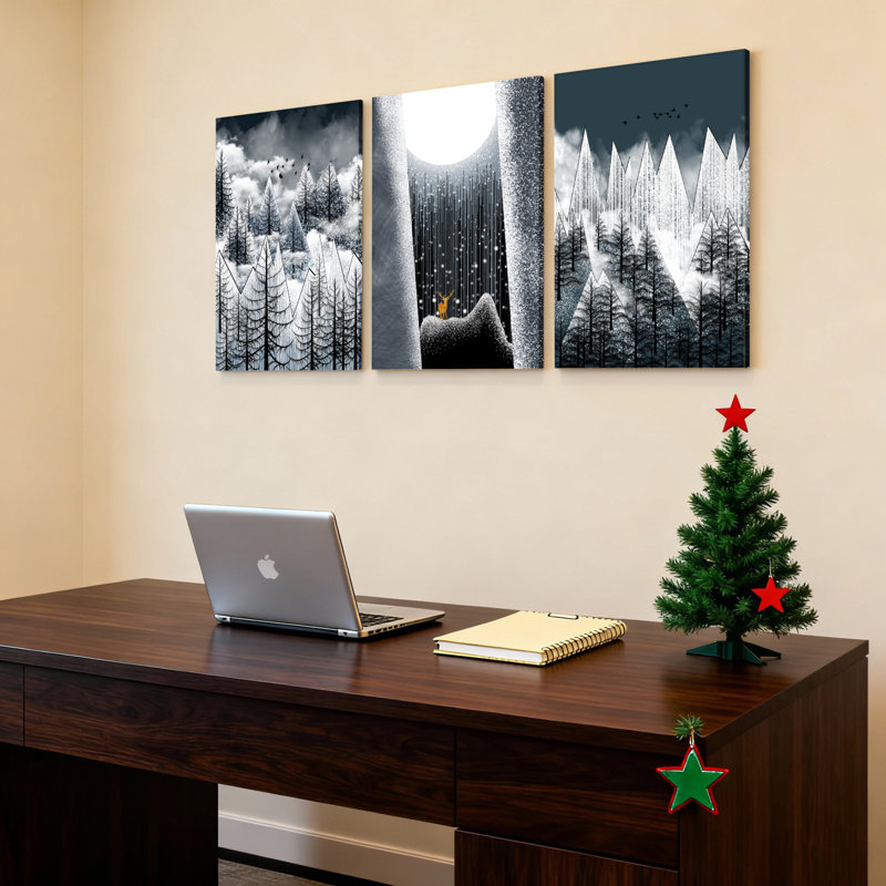 «Winter Forest Moonlight», art mural noir et blanc sur toile tendue sur toile (ensemble de 3), H 24 po x l 48 po