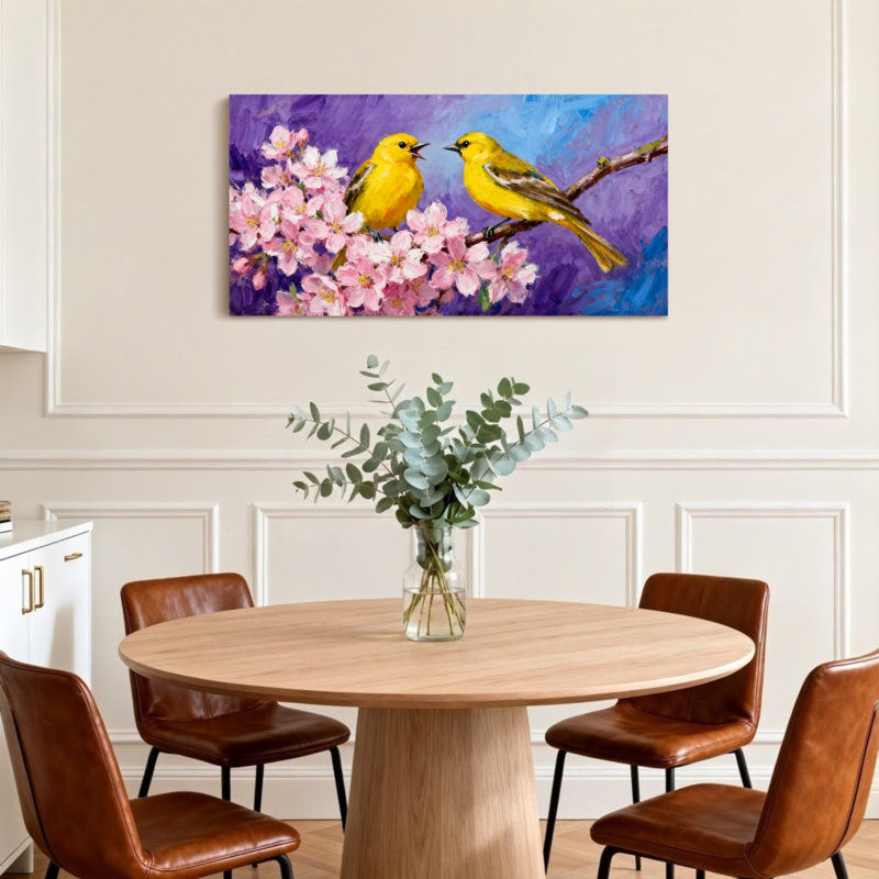 Animals Two Yellow Birds On Blossom Branch, 28" H x 58" W