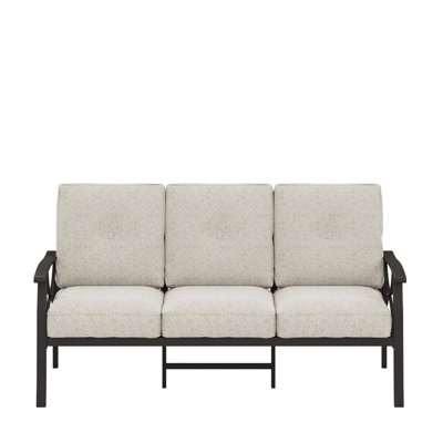 Canapé de patio 70 pouces à 3 places en métal toutes saisons avec coussins beiges avec structure kaki