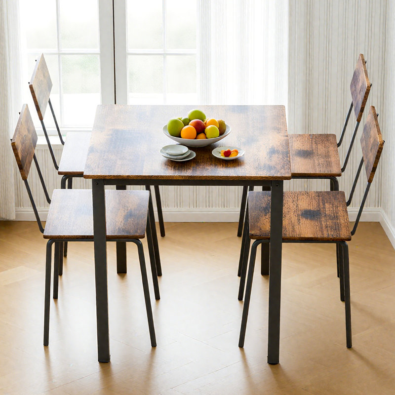 5 Piece Metal And Wood Indoor Modern Dinning Table Furniture Set For 4, Dining Table Chairs