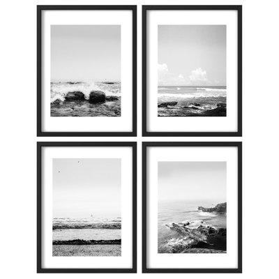 Framed Wall Art Collage Gallery Print Set, Grayscale Ocean Beach Horizons Nature Modern Art Rustic Bohemian Tropical for Living Room, Bedroom, Office