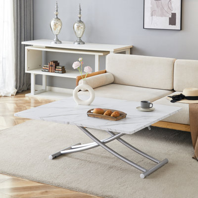 Table élévatrice multifonctionnelle moderne minimaliste avec plateau en panneau de fibres à densité moyenne de 0,8 po d'épaisseur et pieds en métal argenté, pouvant être utilisée comme coiffeuse, table basse, table de salle à manger et table de bureau. W1151126194