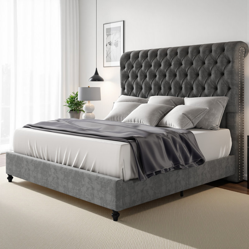 Jampier Upholstered Sleigh Bed, Light Gray, King
