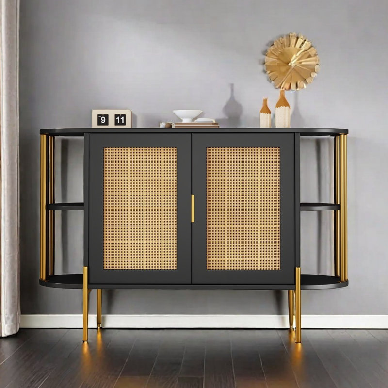 2-Door Elegant Curved Dining Cabinet with Gold Trim and Woven Rattan Doors for Dining Room, Black