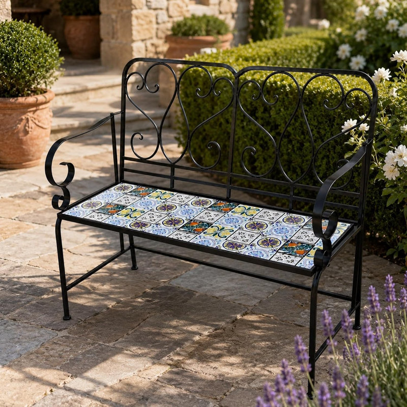 112cm Mosaic Garden Bench 2 Seater Lisbon Metal Ceramic Tile Seat