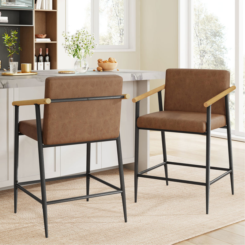 Tabouret de comptoir de 2 po au design Mid-Century, noir et brun, structure en métal, siège d'évier souple, bois naturel, largeur 2 et profondeur moderne 2, finition brun rougeâtre, structure, coussins confortables, massif 300