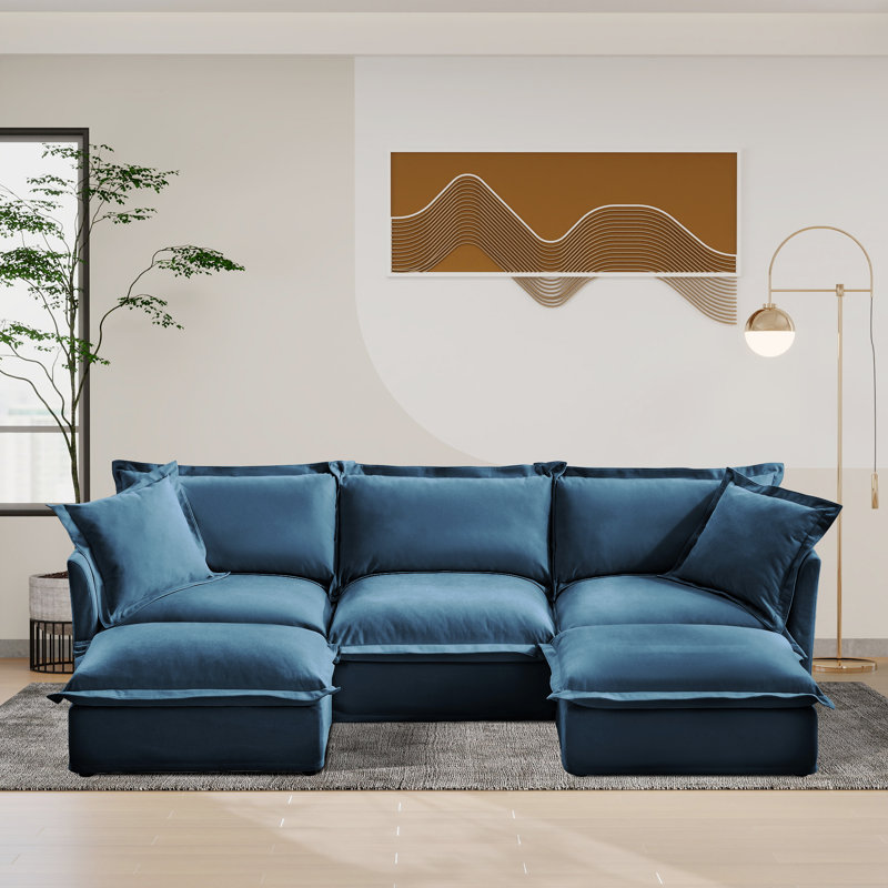 Canapé, repose-pieds en chenille, Bleu incorrect, H 34,6 po x l 120 po x P 55 po, 3