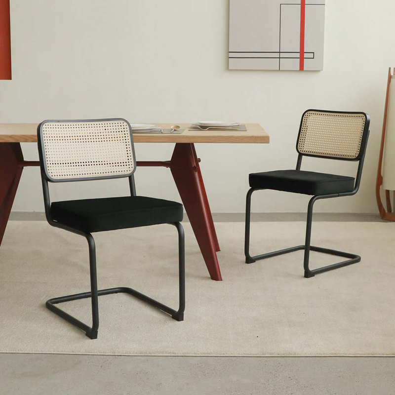 Tristen Rattan and Fabric Upholstered Dining Chairs, Dark Gray, Black