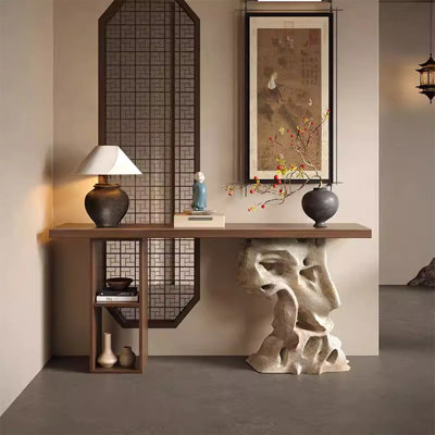 62.99" Antique-Style Solid Wood Stone-Form Console Table