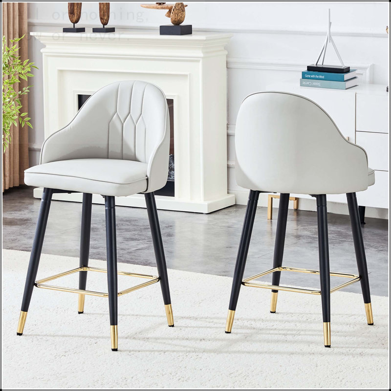 PU Leather Bar Stool Set with Gold Accent Footrest and Ergonomic Back, Light Gray