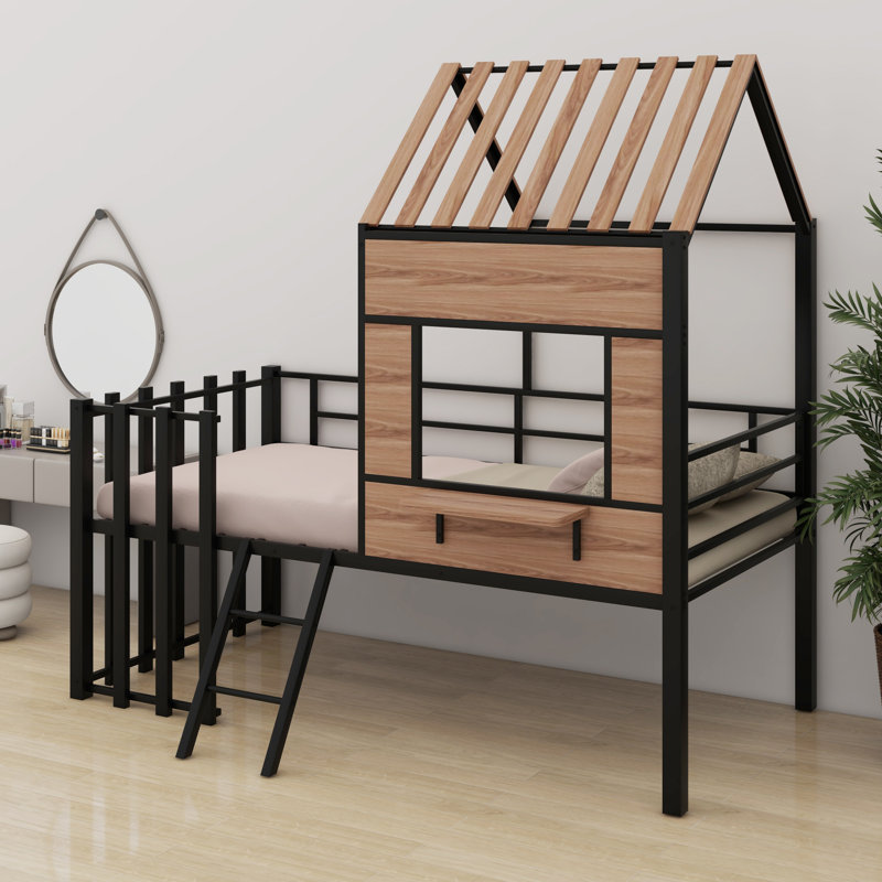 Metal Loft Bed With Roof, Window, Guardrail, Ladder, Black