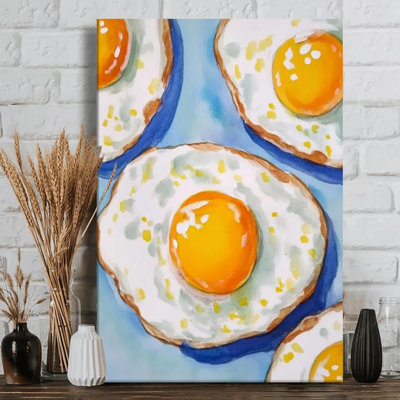 Whimsical Sunny-Side-Up Fried Eggs Watercolor Style Wrapped Canvas Print - 24" H x 36" W x 1" D