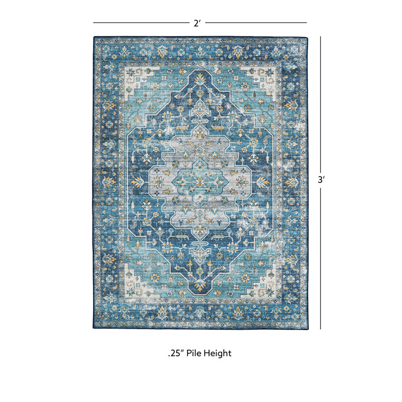 Ducote Washable Teal and Ivory Machine Woven Area Rug, Rectangle 2' x 3'