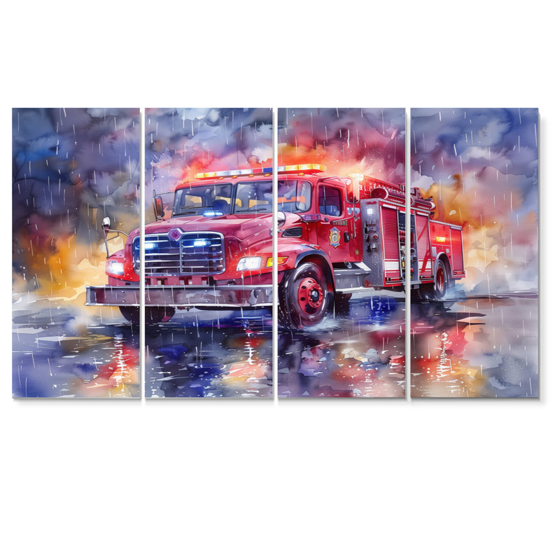 Camion de pompier rouge sous la pluie New York - ensemble de décoration murale pompier, H 28 po x l 48 po