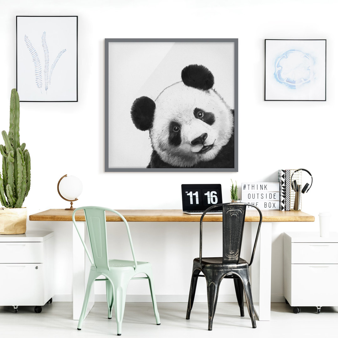 Gerahmter Grafikdruck Illustration Panda in Schwarz/Weiß