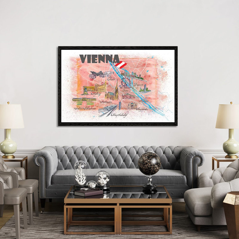 Vienna Austria Illustrated Map by Markus & Martina Bleichner - Painting on Canvas, Black Floater Framed