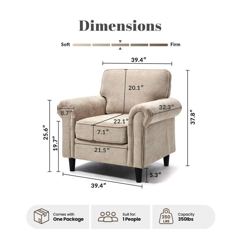 Fauteuil d'appoint rembourré à accoudoirs roulés Luelle, Chenille kaki