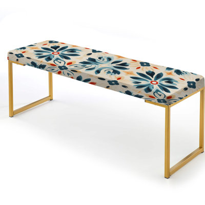 Beige And Blue Moroccan Damask Intrigue - Geometric Upholstered Gold Bench